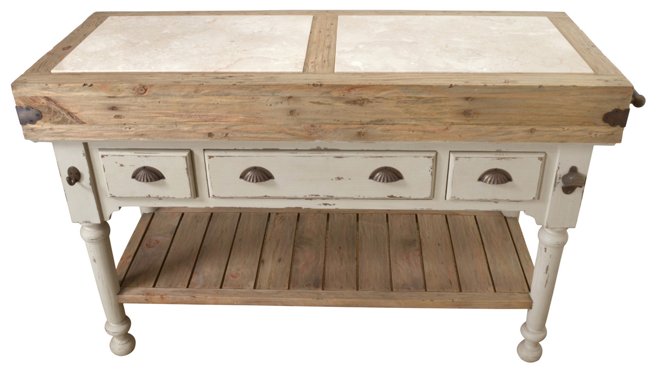Marble Top 3 Drawer Kitchen Island In Chaulk White Room Scene