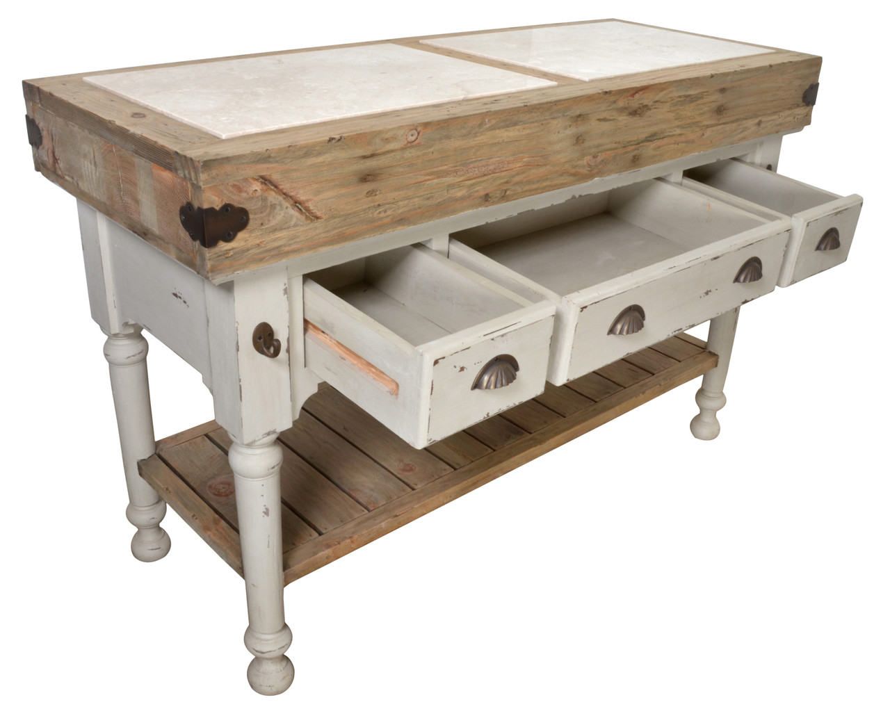 Marble Top 3 Drawer Kitchen Island In Chaulk White Close Up Image