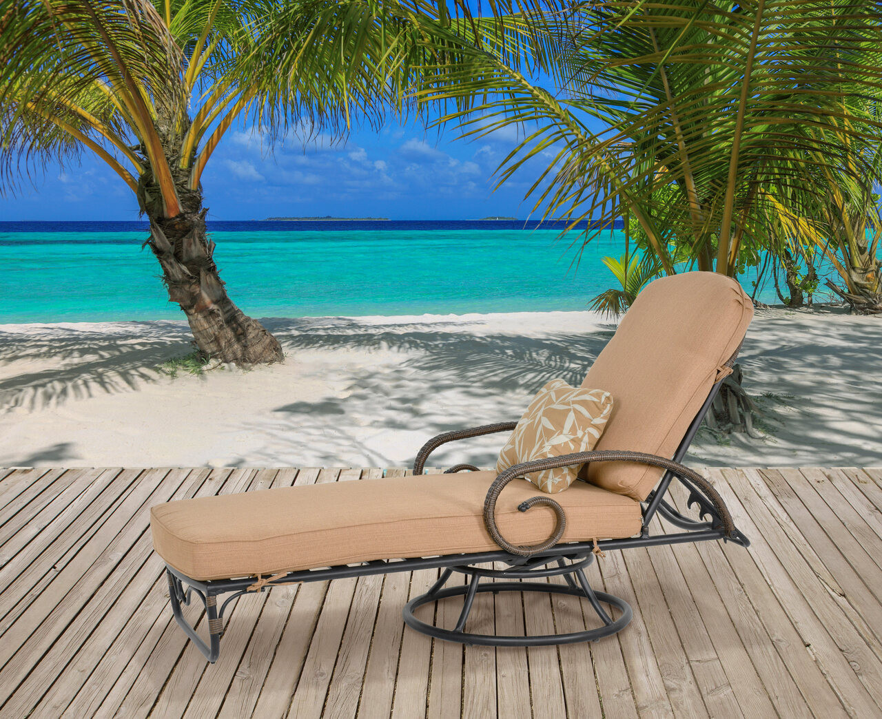 Grand Bonaire Weave Swivel Lounge With Pillow Room Scene