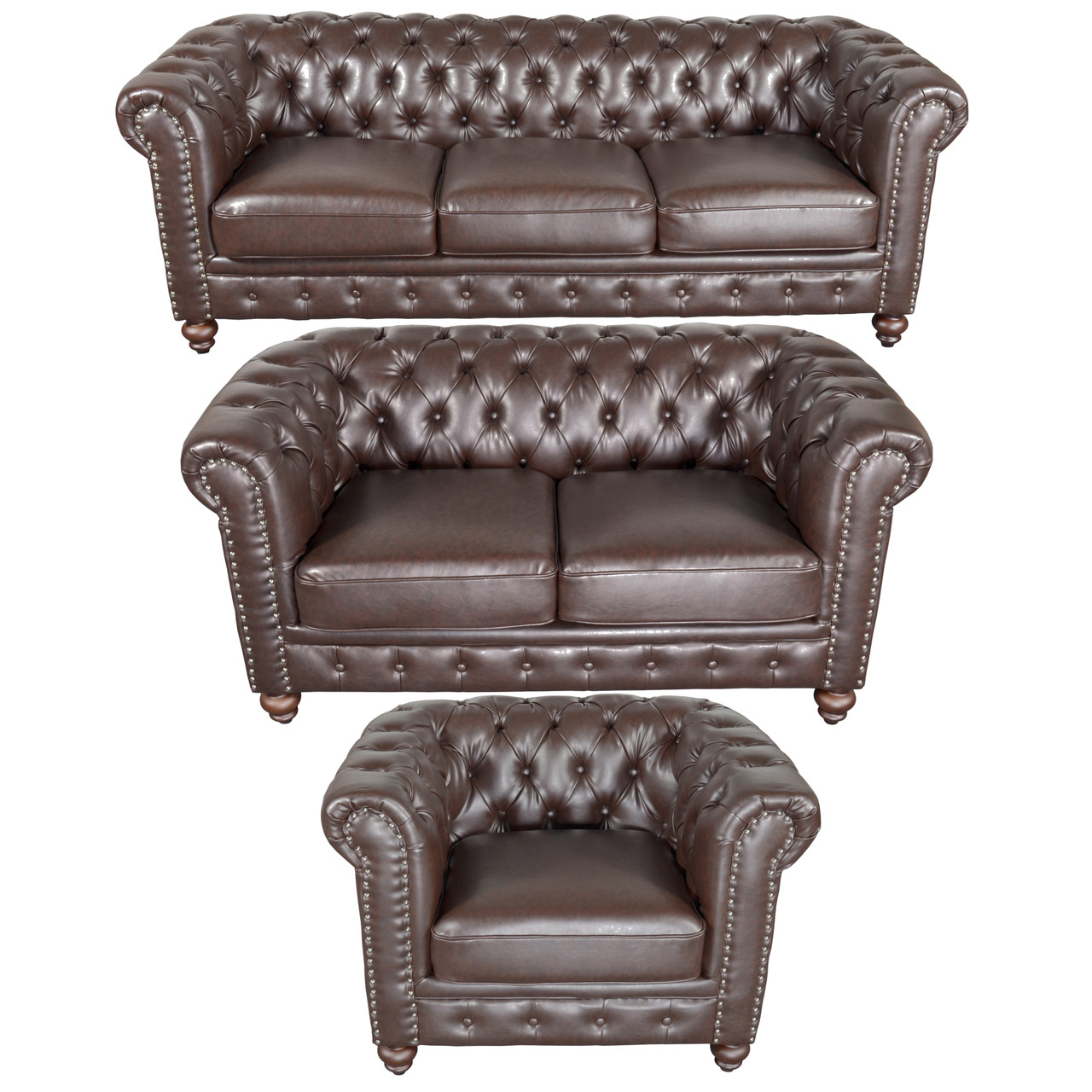 Classic Chesterfield Brown Sofa Set of 3 (KIT) Room Scene