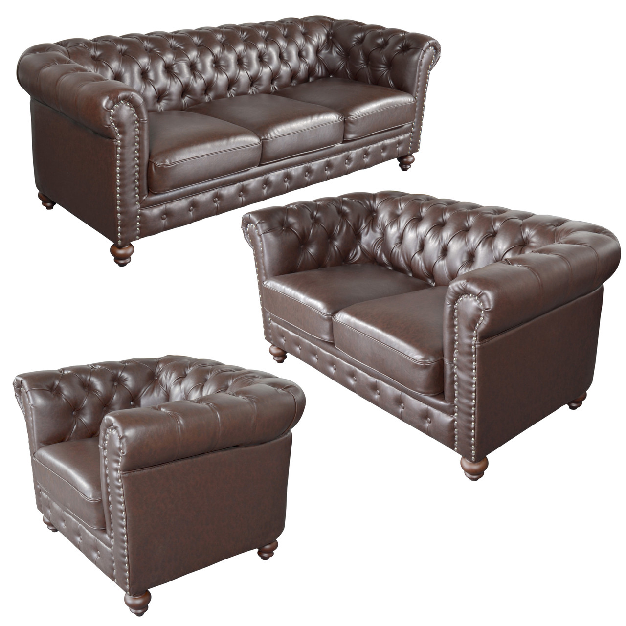 Classic Chesterfield Brown Sofa Set of 3 (KIT) Close Up Image