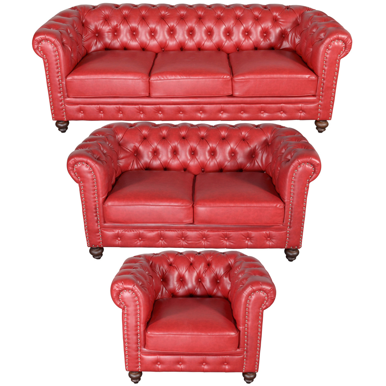 Classic Chesterfield Red Sofa Set of 3 Room Scene