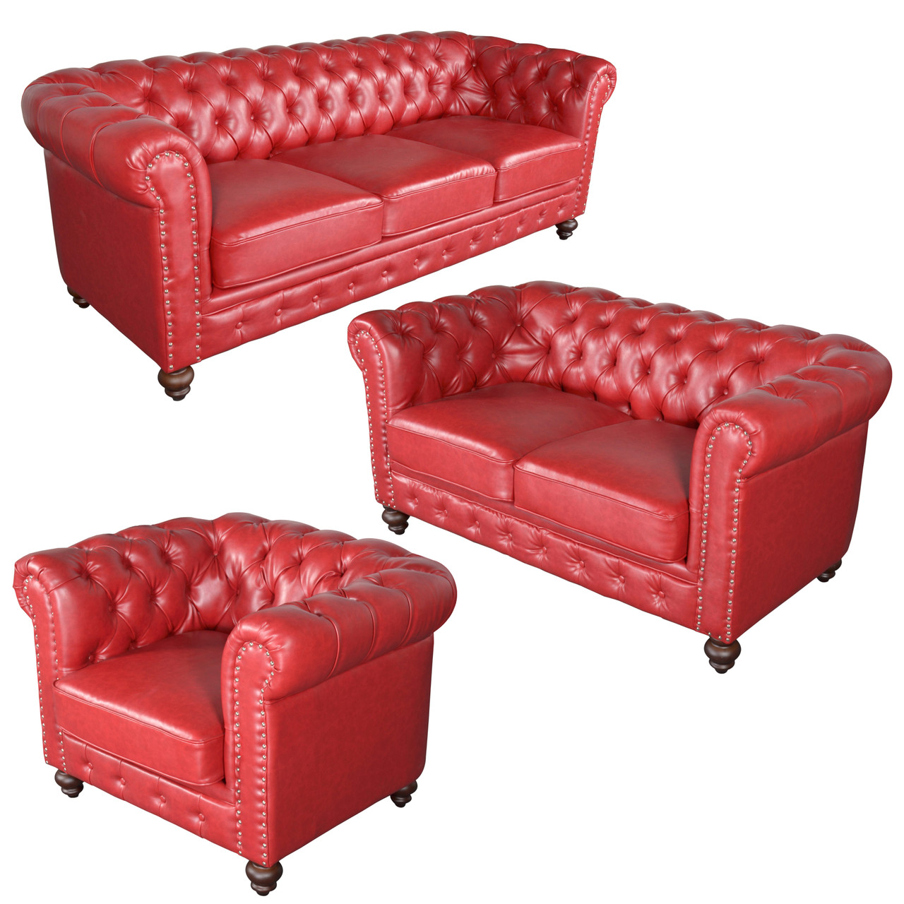 Classic Chesterfield Red Sofa Set of 3 Close Up Image