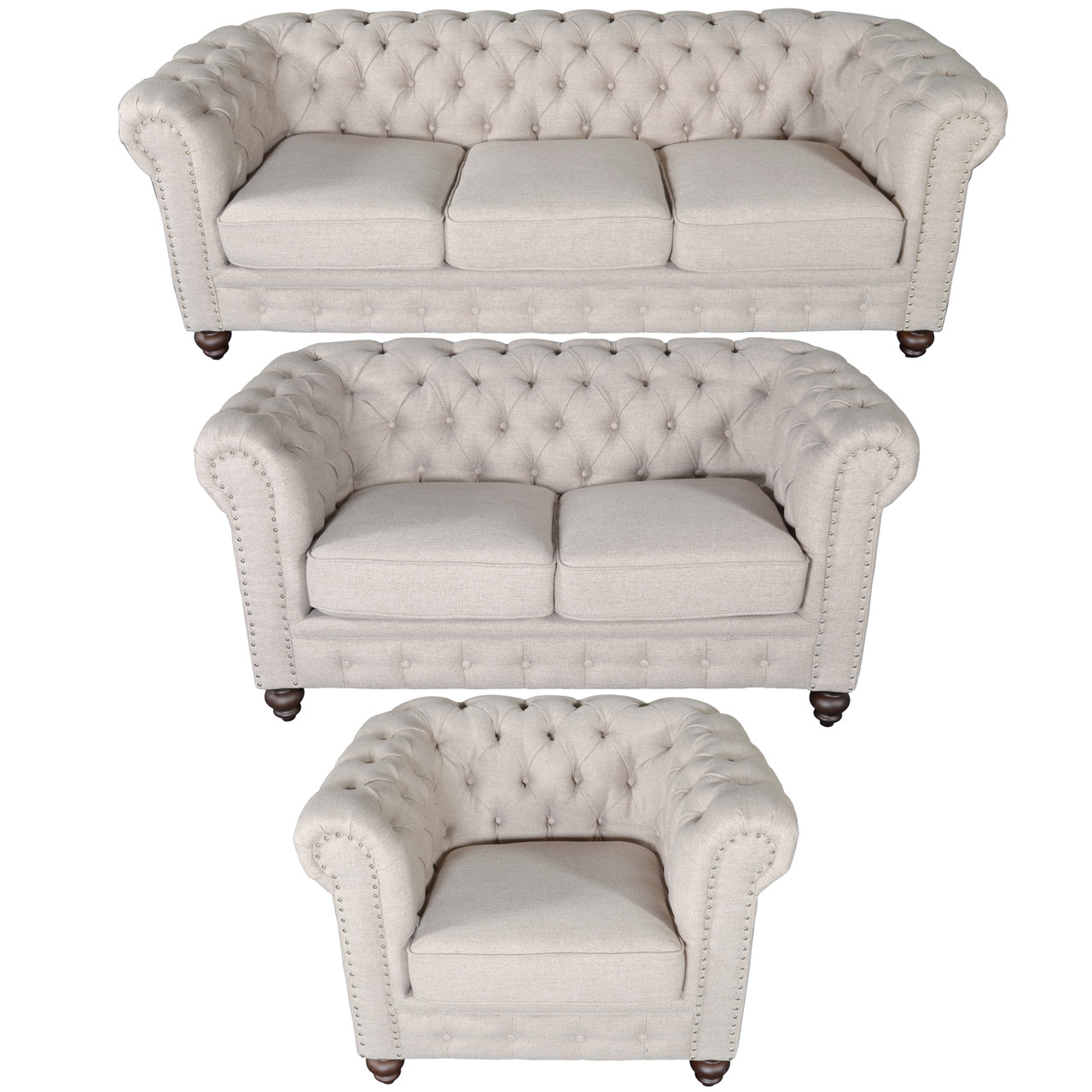 Classic Chesterfield Dark Linen Sofa Set of 3 Room Scene