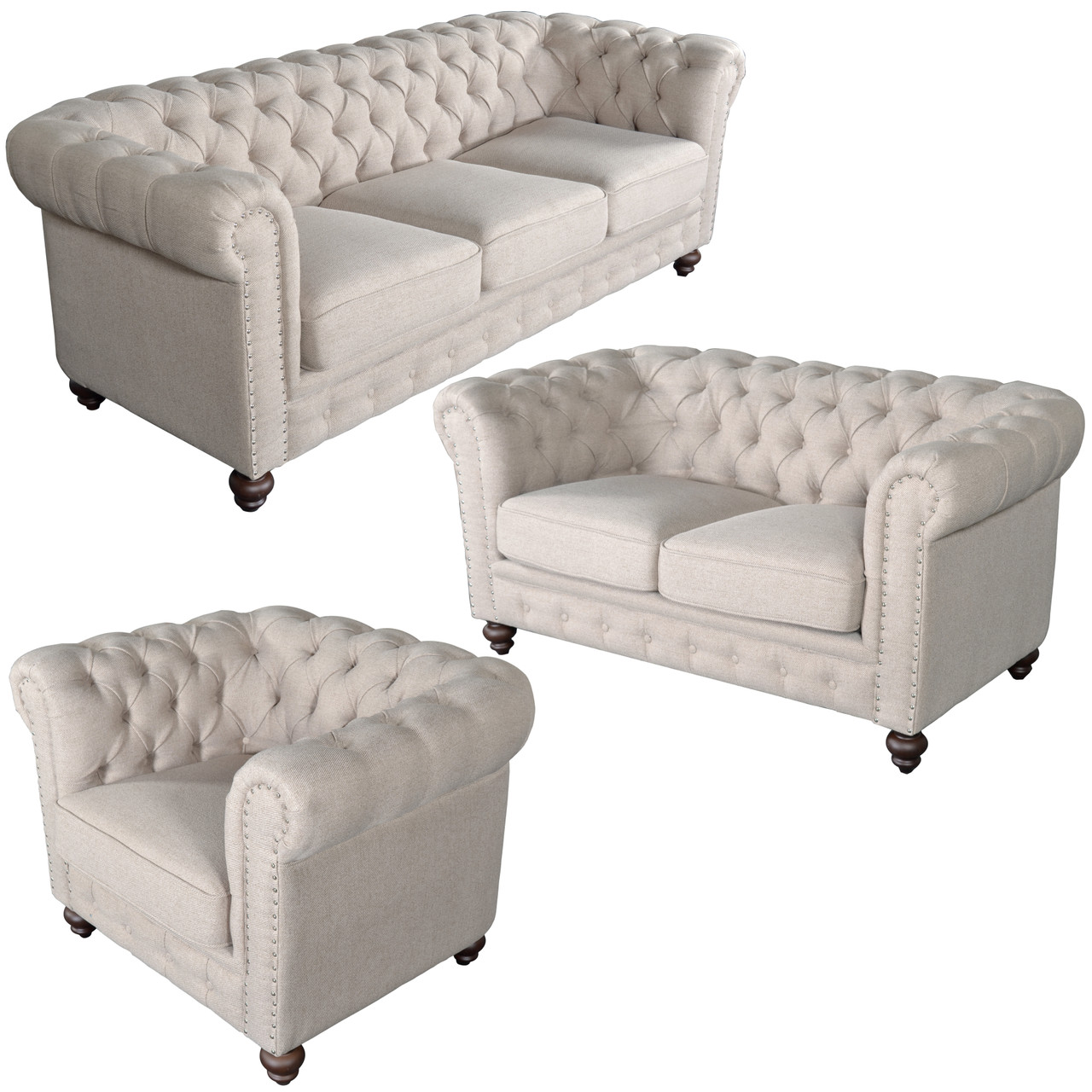Classic Chesterfield Dark Linen Sofa Set of 3 Close Up Image