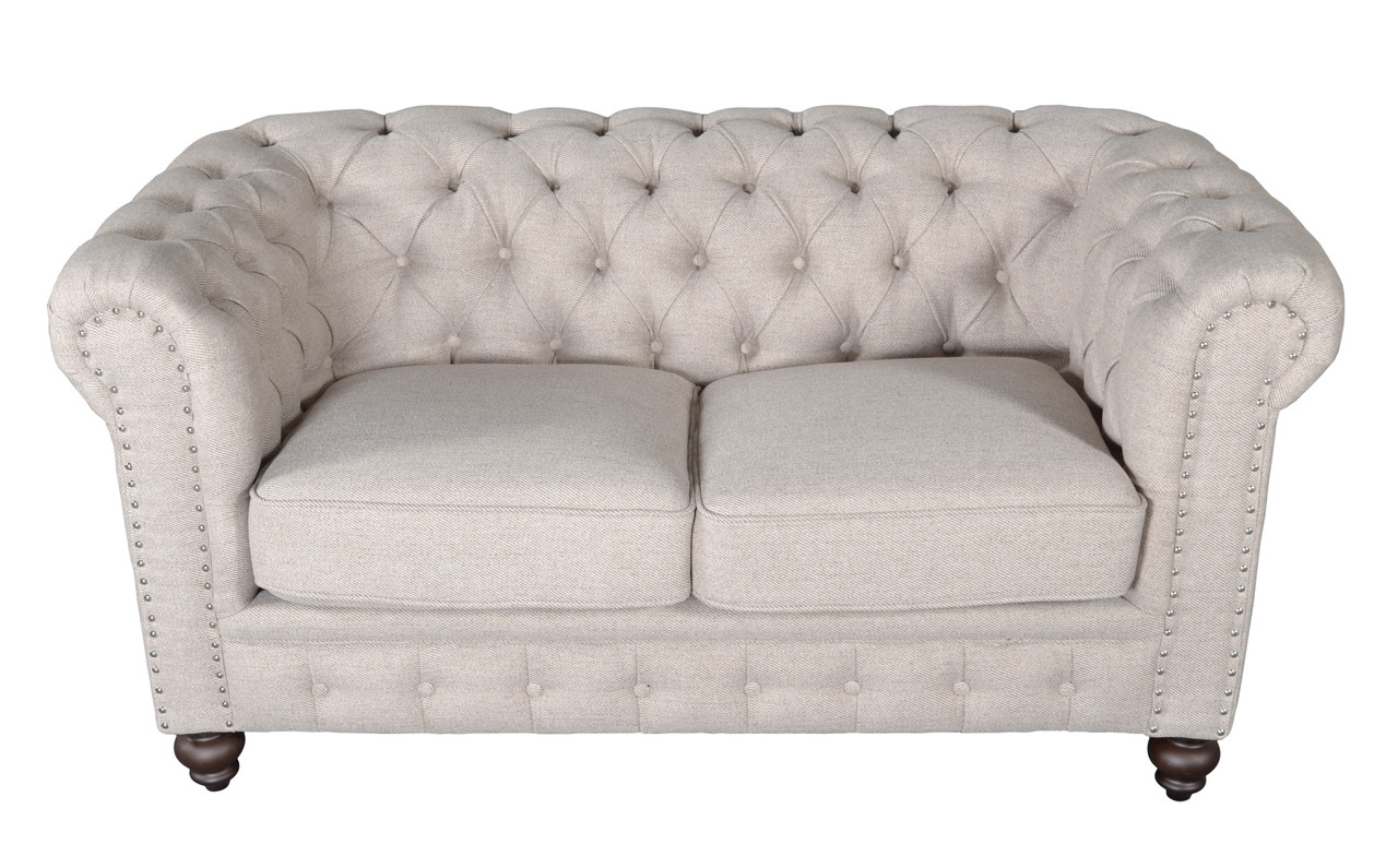 Classic Chesterfield Dark Linen Loveseat Close Up Image