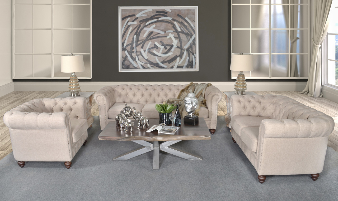 Classic Chesterfield Dark Linen Chair Room Scene