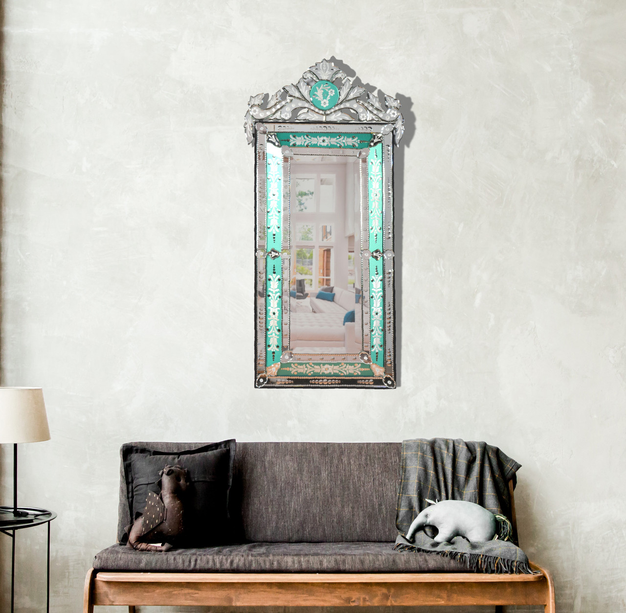 Striking Venetian Style Mirror With Seafoam Border 47.24" Tall Room Scene