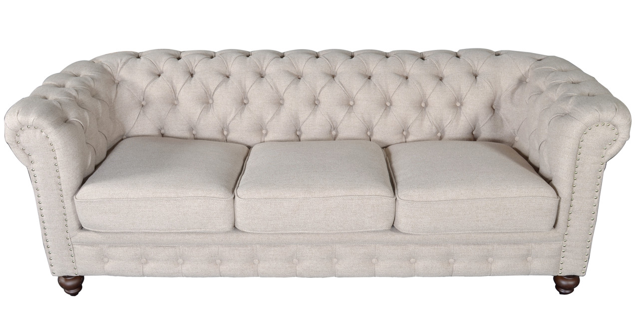 Classic Chesterfield Dark Linen Sofa Close Up Image