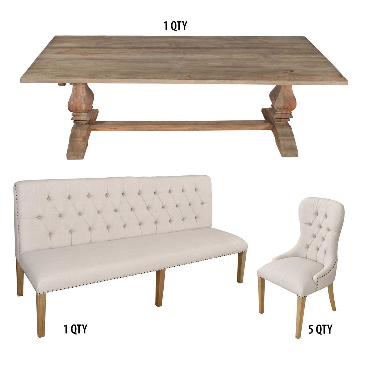 Inverness Farmhouse Bench Dining Table Set of 7 (KIT) Close Up Image