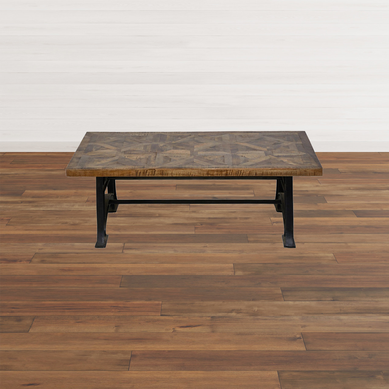 Wood and Industrial Iron Mango Parquet Coffee Table 54 Inch Room Scene