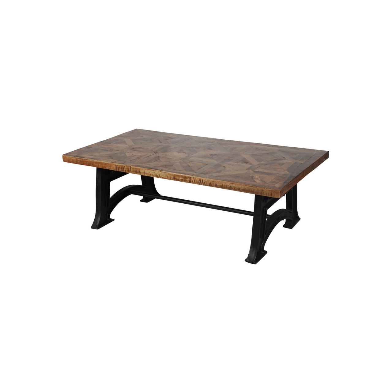 Wood and Industrial Iron Mango Parquet Coffee Table 54 Inch Close Up Image