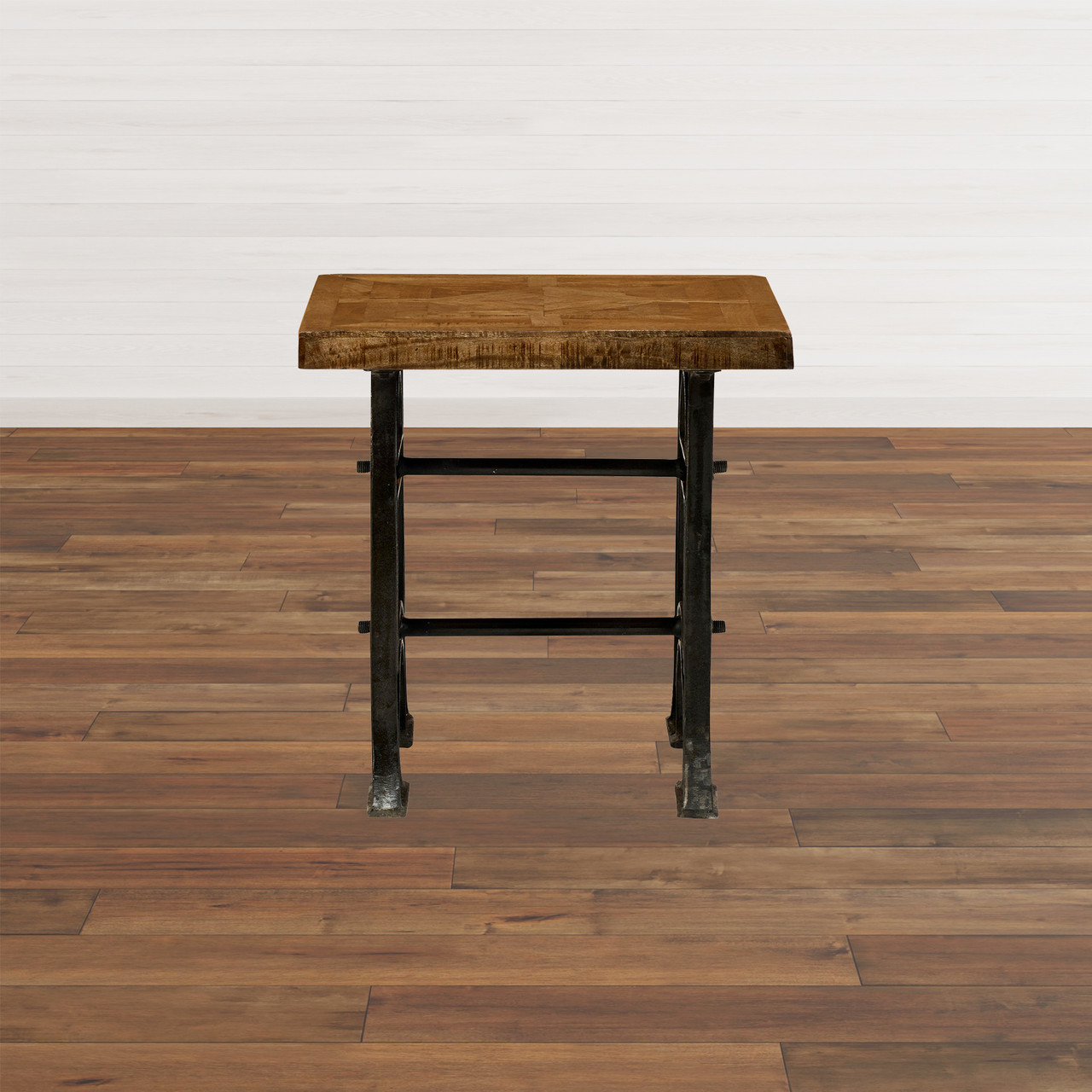 Wood and Industrial Iron Mango Parquet Lamp Table 24 Inch Room Scene