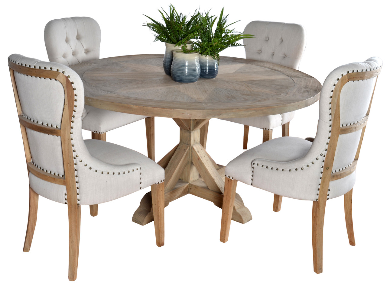 Inverness Farmhouse Reclaimed Pine 60 Inch Round Table Dining Set 5 Room Scene