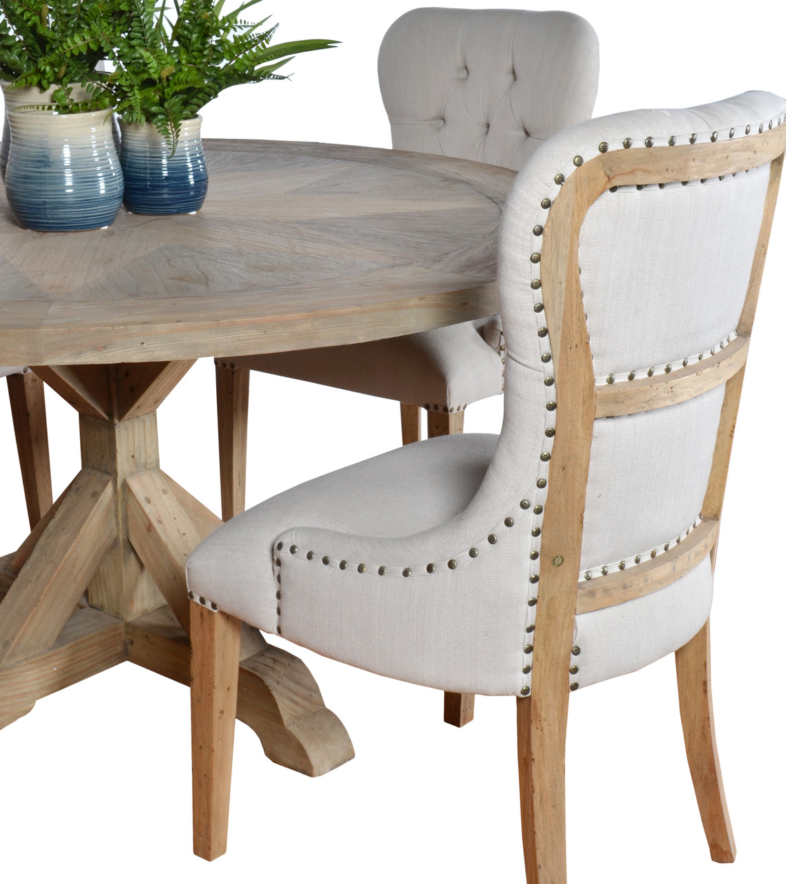 Inverness Farmhouse Reclaimed Pine 60 Inch Round Table Dining Set 5 Close Up Image