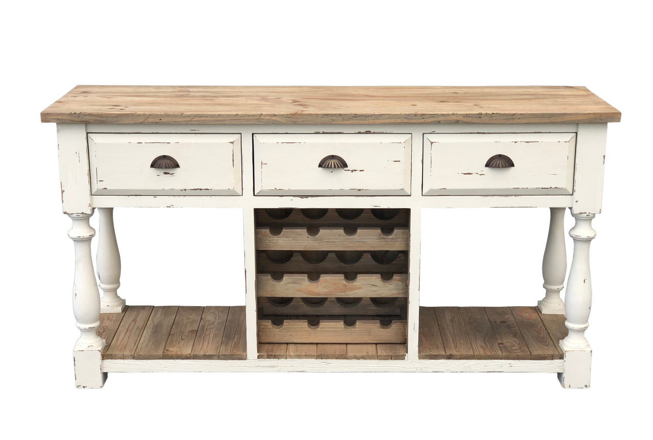 Farmhouse Console Wine Rack White Chalk Finish and Natural Top Room Scene
