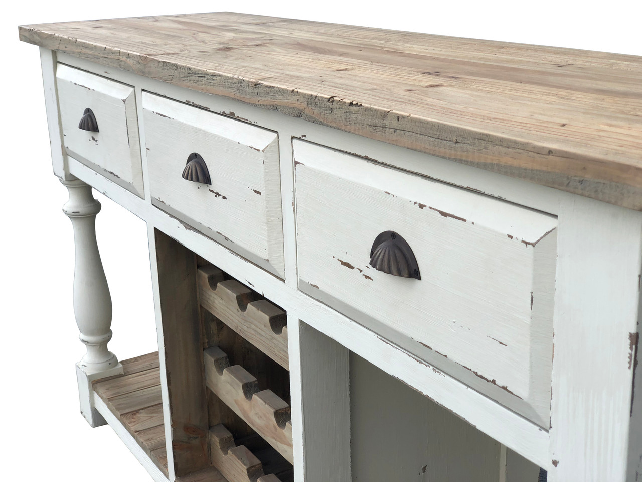 Farmhouse Console Wine Rack White Chalk Finish and Natural Top Close Up Image