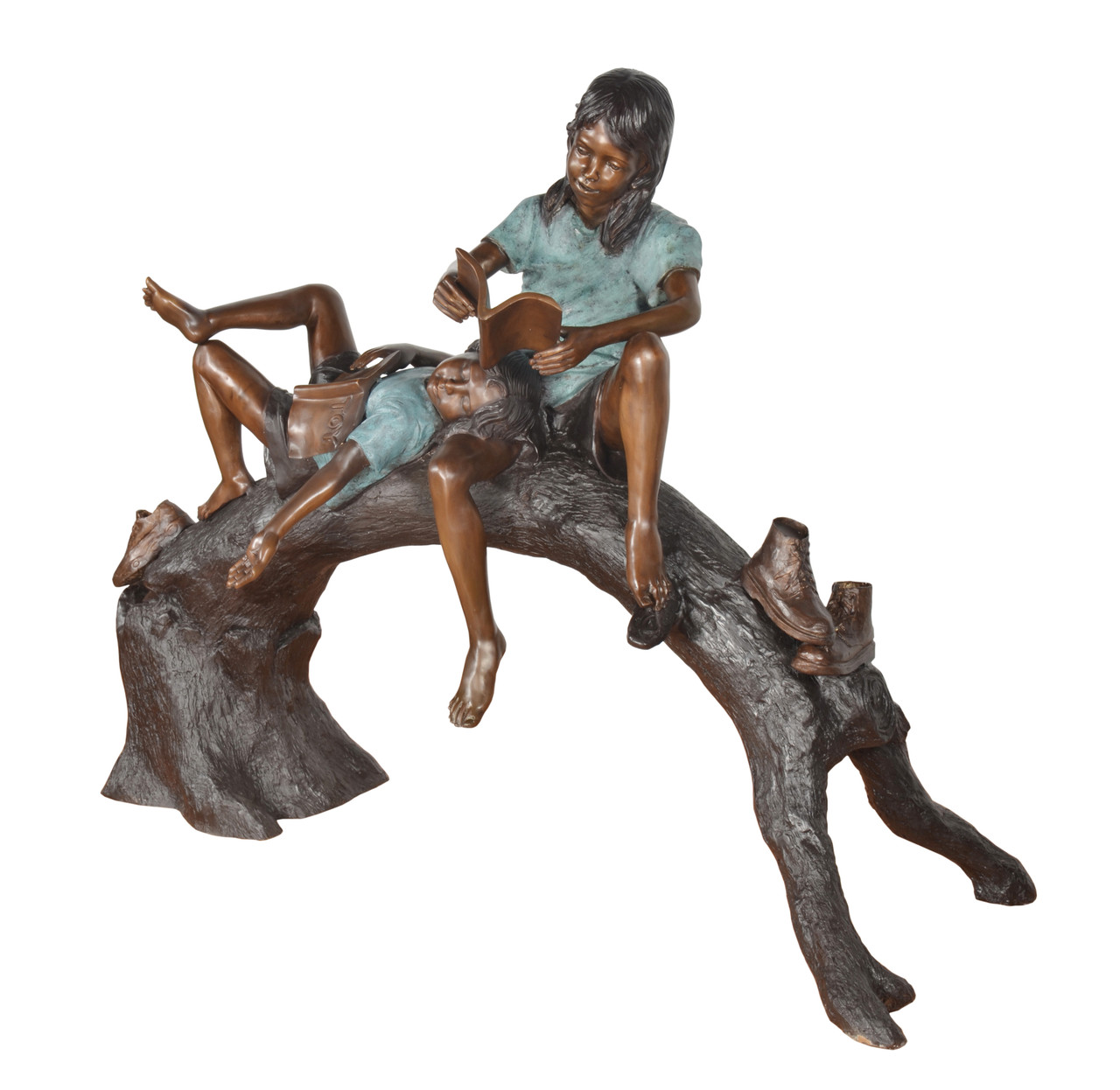 Two Kids Reading on Tree Bench Room Scene
