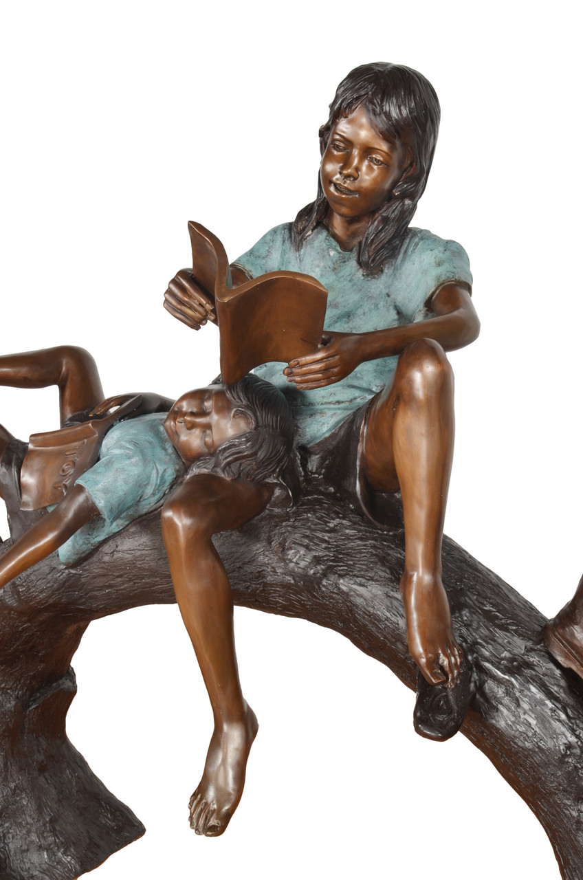 Two Kids Reading on Tree Bench Close Up Image