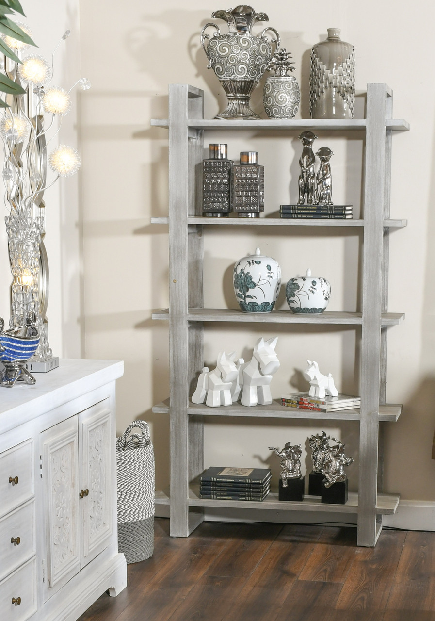 Mystique Gray Mid Century Rustic Bookshelves Etagere Room Scene