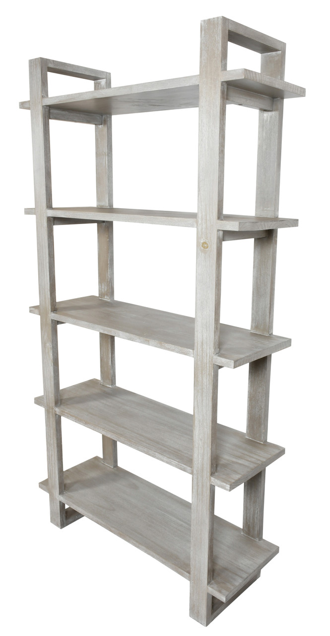 Mystique Gray Mid Century Rustic Bookshelves Etagere Close Up Image