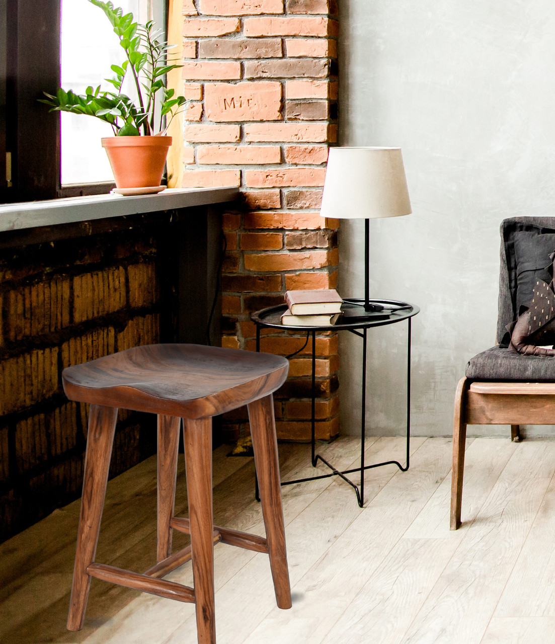 Contoured Seat Suar Wood Counter Stool Room Scene