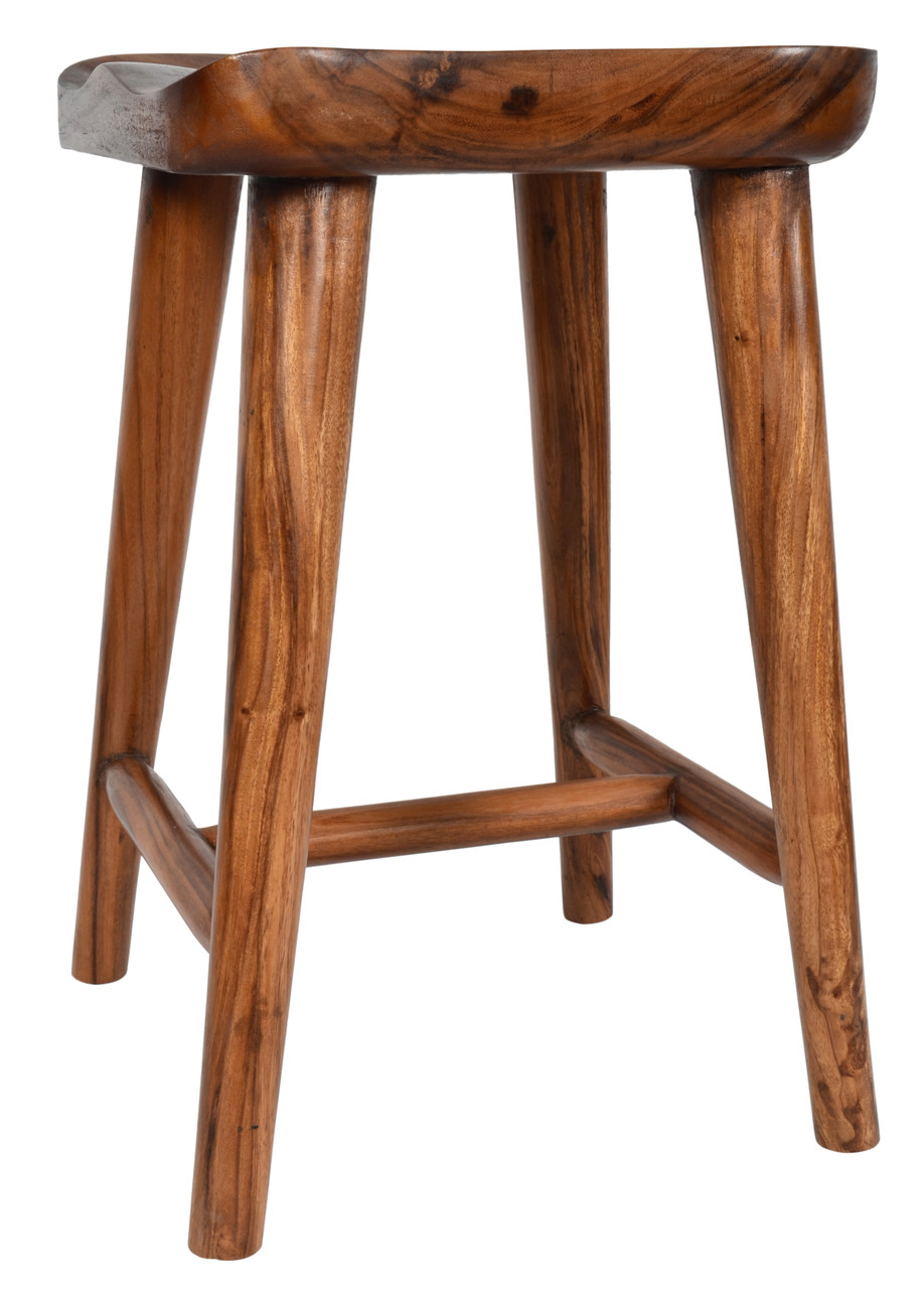 Contoured Seat Suar Wood Counter Stool Close Up Image