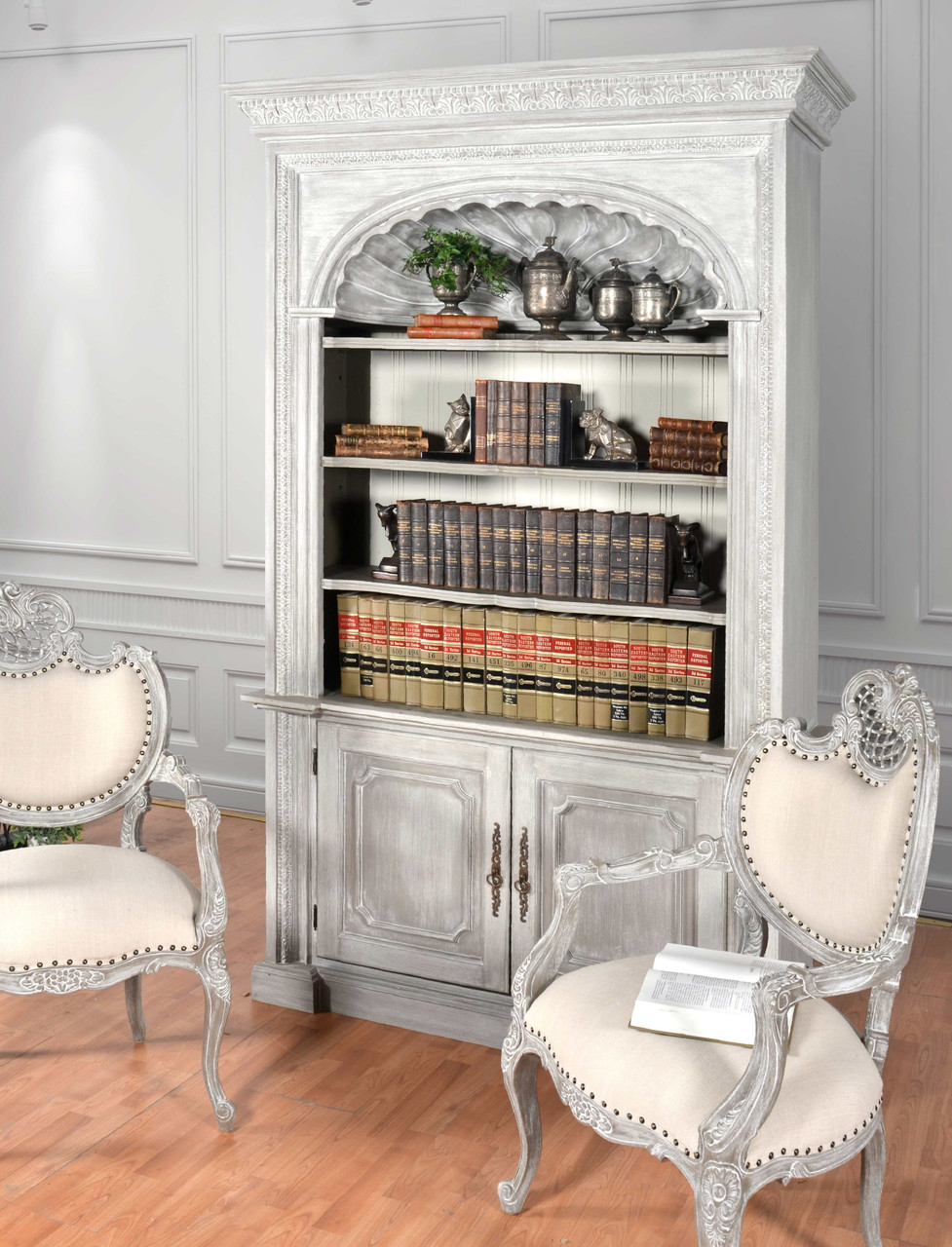 Mystique Gray Shell Library Bookcase Room Scene