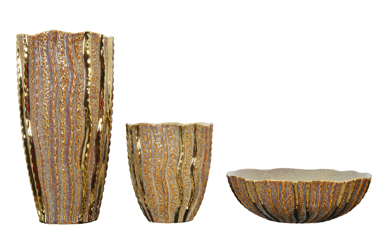 Pair of Carmel Gold Vases and Bowl Set of 3 Room Scene