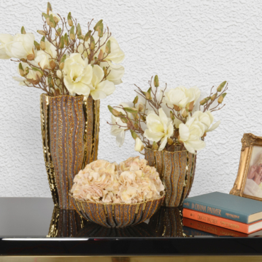 Pair of Carmel Gold Vases and Bowl Set of 3