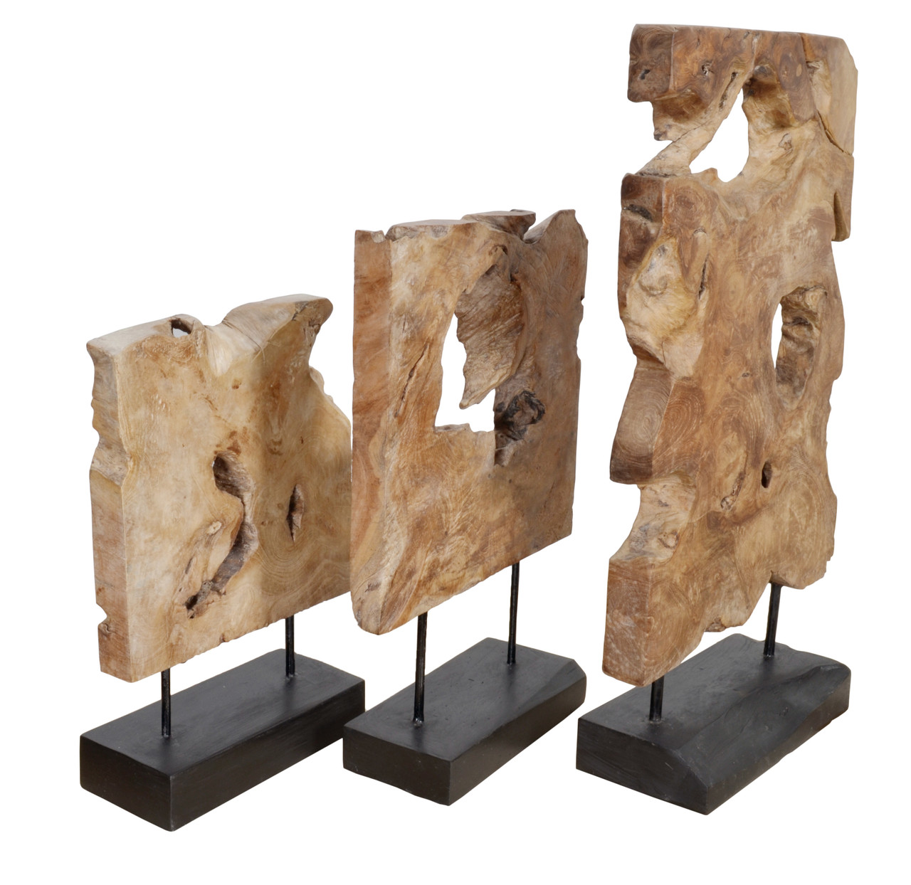 Mountain Studios Teak Organic Sculpture Set of 3 Graduated Height up to 24 Inches Tall Close Up Image