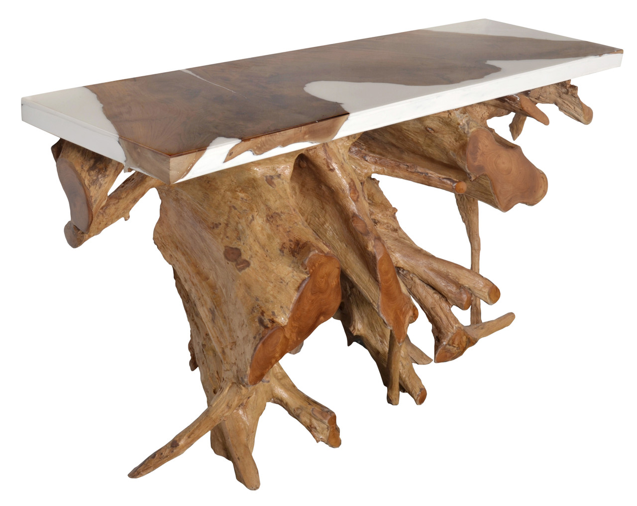 Artistic 60 Inch Floating Teak Root Console in White Epoxy Resin Close Up Image