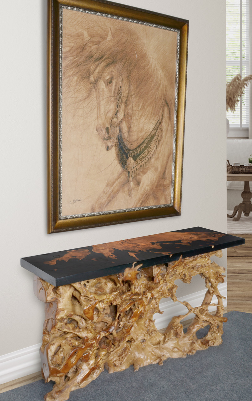 Artistic 60 Inch Floating Teak Root Console in Black Epoxy Resin Room Scene