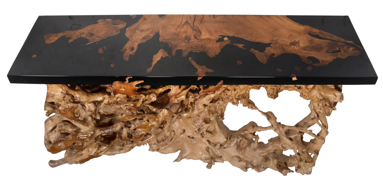 Artistic 60 Inch Floating Teak Root Console in Black Epoxy Resin Close Up Image
