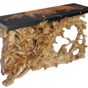 Artistic 60 Inch Floating Teak Root Console in Black Epoxy Resin