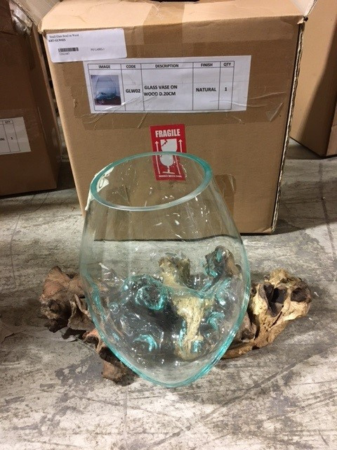 Mountain Studios Large Artistic Blown Glass and Natural Teak, Fish Bowl Room Scene
