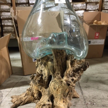 Mountain Studios Large Artistic Blown Glass and Natural Teak, Fish Bowl