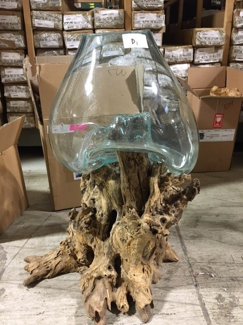 Mountain Studios Large Artistic Blown Glass and Natural Teak, Fish Bowl