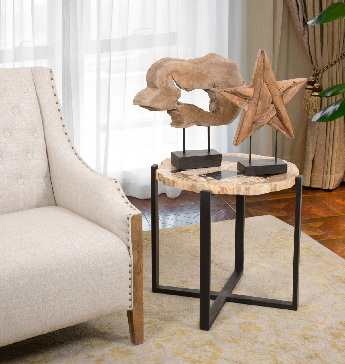 Mountain Studios Teak Wood Star on Stand 20 Inch Tall Rustic Room Scene