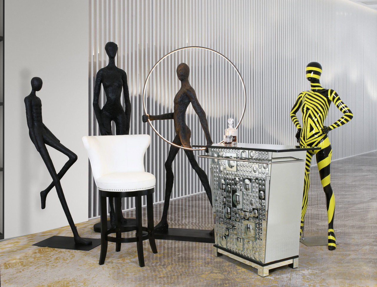 Sculpture Modern Man with Illuminated Sphere 82 Inches Tall, Life Size, Abstract, Art, Statue Room Scene