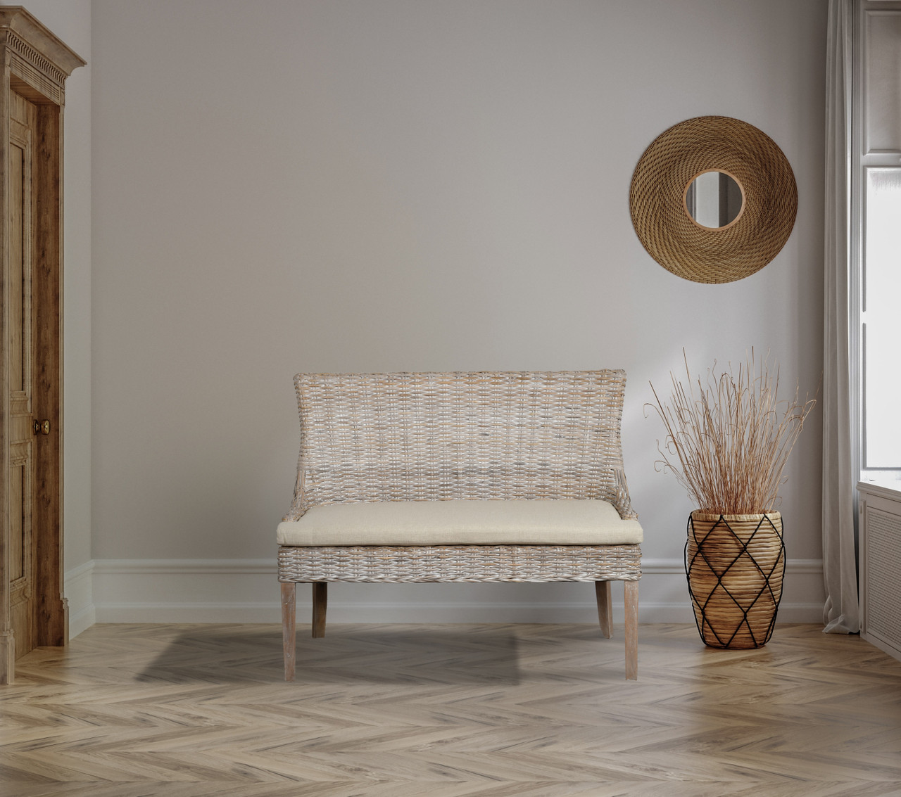 Alfresco Bench Kuba Weave Whitewash Room Scene