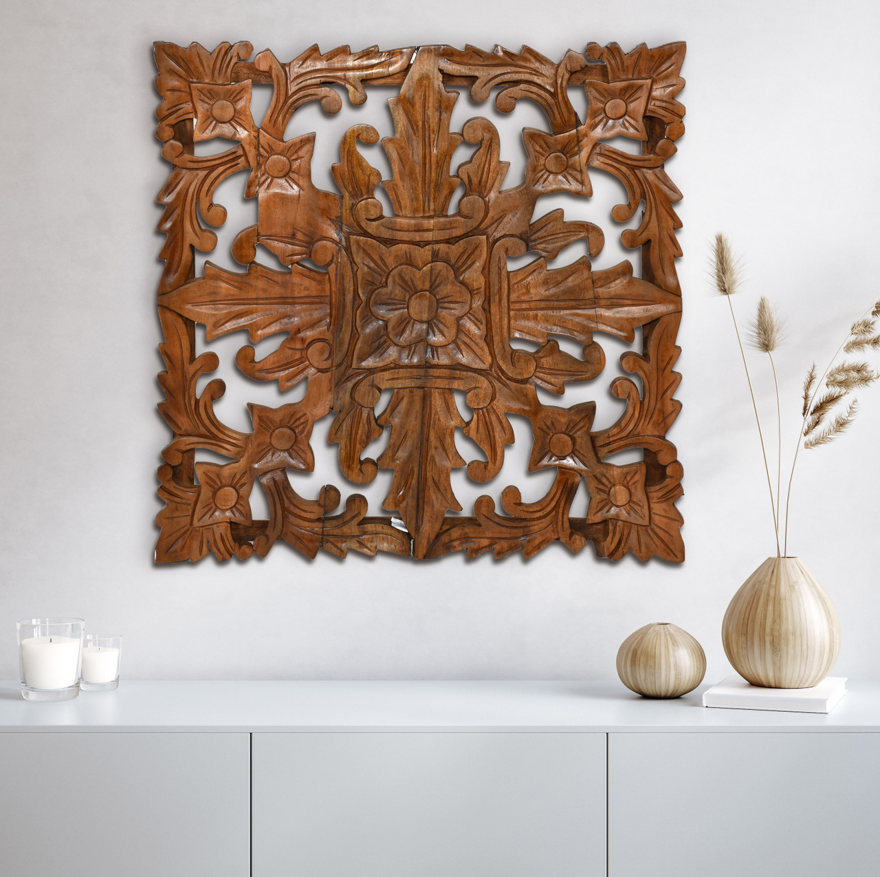 36 inch Carved Teak Square Wall D?cor Room Scene