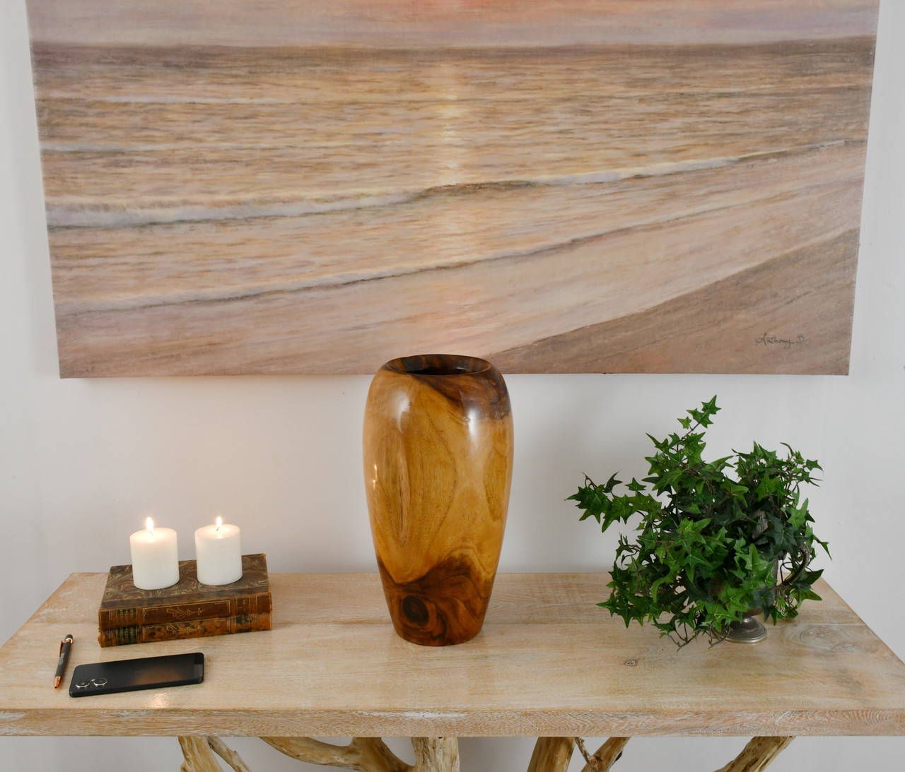 Carved Teak Contemporary Vase 15 inches Room Scene