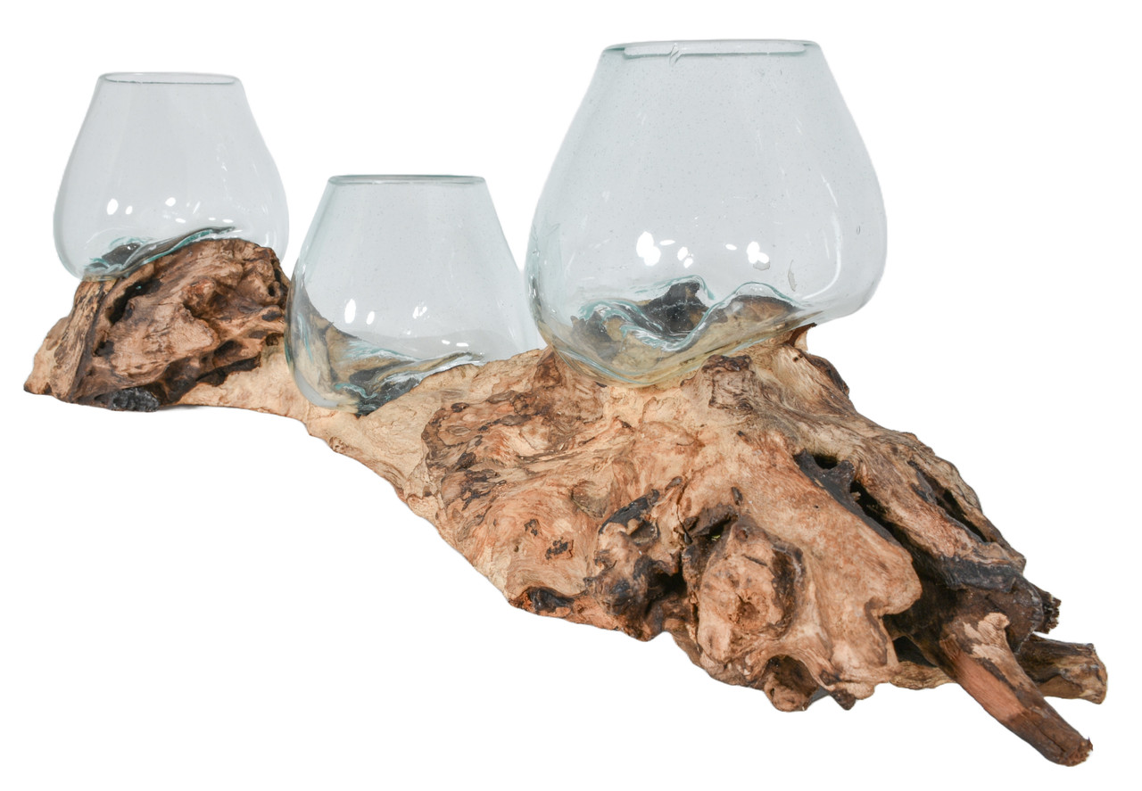 Triple Glass Bowl On Wood Close Up Image