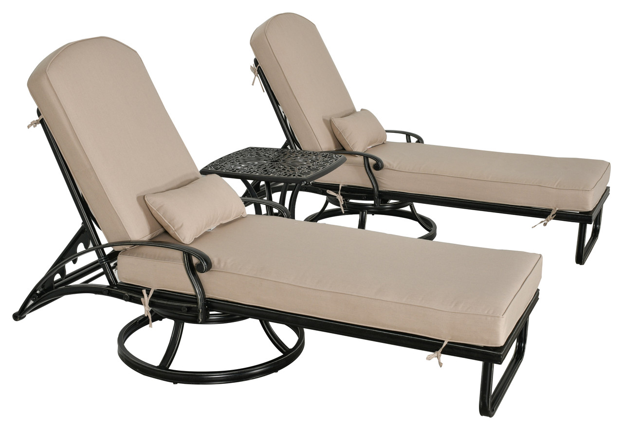 Outdoor Estate 3pc Swivel Chaise Lounge and Table Set Outdoor Aluminum,  Sumbrella,   Bridgeton Moore Patio Furniture Room Scene