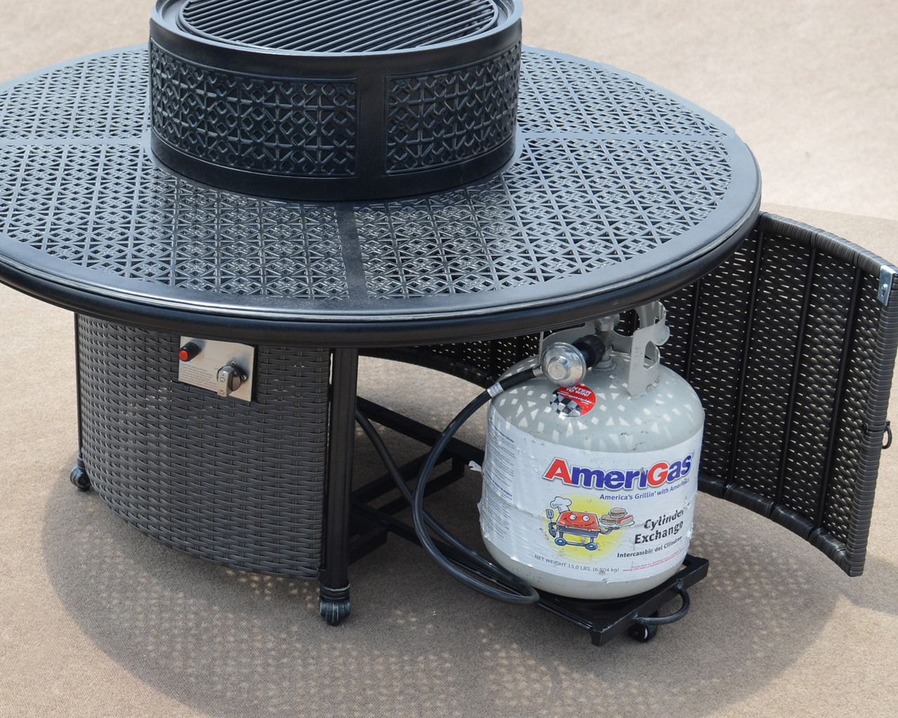 Wyndemere Outdoor Firepit Table Propane, Hibachi Grill with Accessories Bridgeton Moore Patio Close Up Image