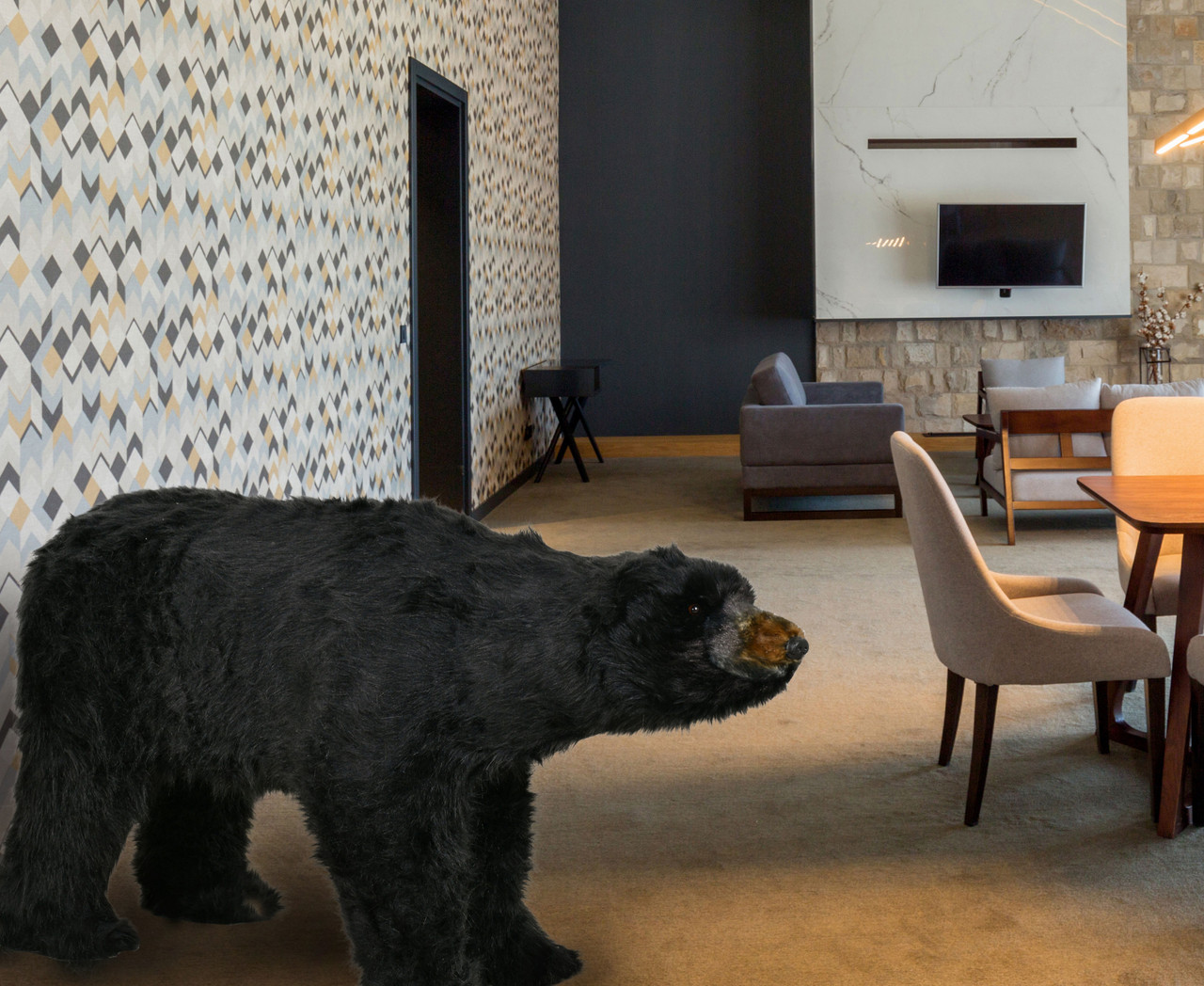 North American Black Bear Walking Statue with Faux Fur 59L Room Scene