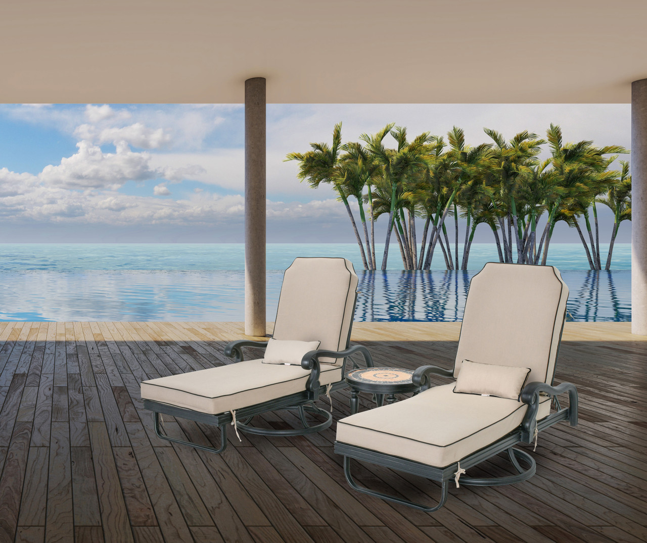 Astoria Chaise Lounge Table Set of 3, Swivel, Outdoor, Aluminum, Bridgeton Moore Patio Room Scene