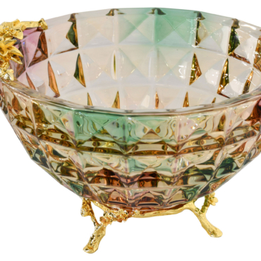 Multi Color Cut Glass Bowl With Gold Accent