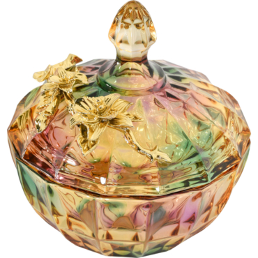 Multi Color Cut Glass Cannister With Gold Accent